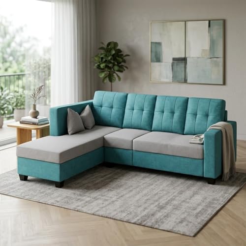 Image of FURNY Nathan 5 Seater L Shape Sofa Set LHS (Sky Blue-Light Grey) | Suede Velvet Finish | Durable Comfort Sofa for Modern Living Room & Office Spaces