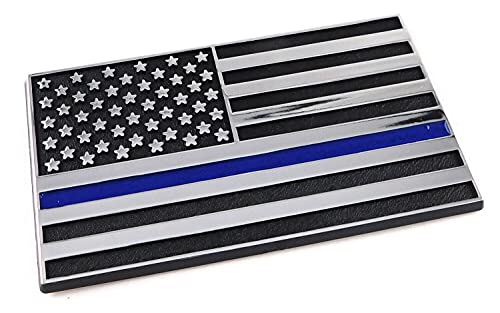 Image of Thin Blue line USA Police Flag Black Chrome Plastic car Track Emblem 3D Decal 4 inch x 2.25 inch