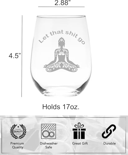 C M Buddha Engraved Stemless Wine Glass - 1 Piece - Let That Sh*t Go Funny Yoga Stemless Wine Glass, 17 oz - Gift for Him or Her - Funny Yoga Gift for Women and Men