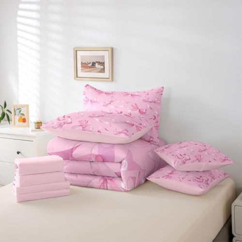 Image of Princess Bow Bed in a Bag King Size Comforter Set 7-Piece | Kawaii Bow Tie Bedding Sets Pink Bowknot Comforter and Sheet Set, Dreamy Ribbon Bow-Tie Room Decor