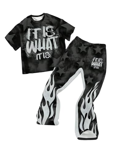 Boy's 2 Piece Sports Fall Outfits Y2K Short Sleeve Star Graphic Tees and Vintage Flare Pants Tracksuit Set
