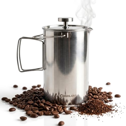 Coghlans Stainless Steel French Press Coffee Maker 4-Cup (32 oz) Campfire & Stovetop Safe Portable & Durable Fine Mesh Filter Folding Handle Dishwasher Safe For Camping Home or Travel