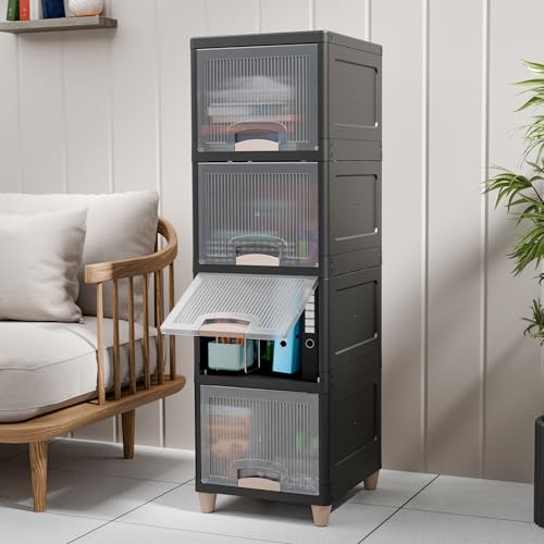 Image of TEX-RO 4XL Multipurpose Plastic Storage Cabinet with Drawers & Shelves | Wardrobe Organizer for Clothes | Toys & Books | Space-Saving Home Storage Cupboard | Black & Transparent