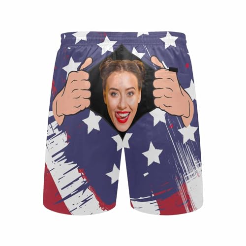 Custom Men's Swim Trunks with Faces，Custom Swim Trunks Tropical Floral Personalized Board Shorts with USA Flag4