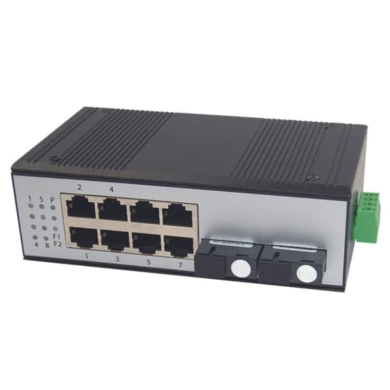 One Pair of 2F8E Industrial Fiber Optic switches, Two SC Optical fibers, a Transmission Distance of 20 kilometers, and Eight 10/100M Ethernet Ports Supporting Optical transceiver Stacking.