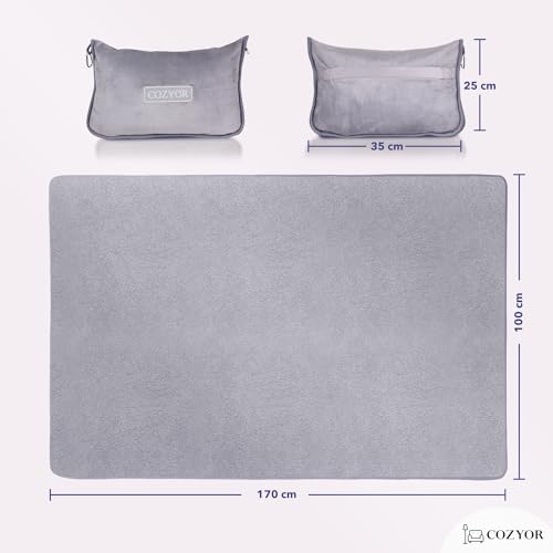 Cozyor Reisekissen & Reisedecke 2 in 1 mit Rucksack-Clip und Kofferbefestigung 170x100 cm, kuscheliges Reiseset für Flugzeug, Auto & unterwegs, Flugzeugdecke für Erwachsene & Kinder