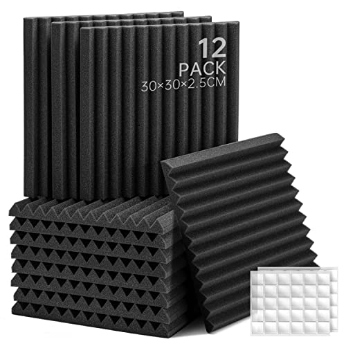 Mousse acoustique autocollante Soundsbay Lot de 12 panneaux de Mousse Anti-bruit Panneaux Acoustiques pour Podcasting, Studios d'enregistrement, Bureaux,30 x 30 x 2,5 cm