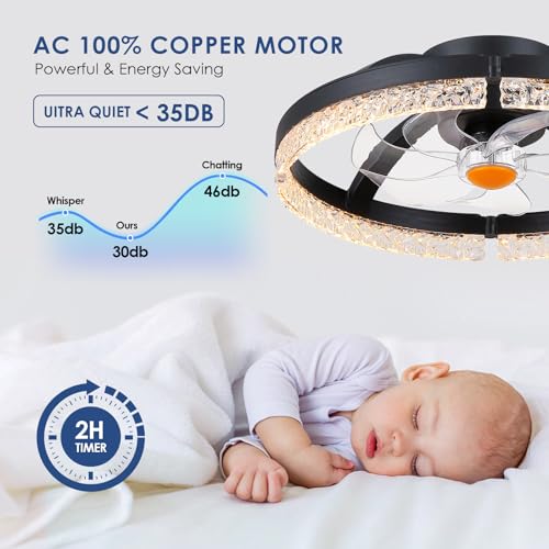 Image of Mpayel 20 inch Ceiling Fans with Lights and Remote, Modern Low Profile Fandelier Ceiling Fan with Light, Quiet DC Motor, 6 Speeds, 3CCT Dimmable Bladeless Flush Mount LED Fan Light for Bedroom