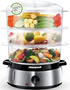 Aigostar Dampfgarer mit Timer 9L, 3-Etagen Stapelkörbe Reisschale, 800W Dampfgarer Elektrisch, automatische Abschaltung, Edelstahl BPA frei, silber/schwarz. EINWEGVERPACKUNG.