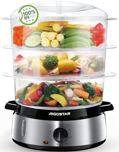 Aigostar Dampfgarer mit Timer 9L, 3-Etagen Stapelkörbe Reisschale, 800W Dampfgarer Elektrisch, automatische Abschaltung, Edelstahl BPA frei, silber/schwarz. EINWEGVERPACKUNG.