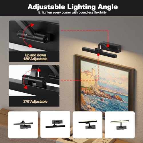 Image of LED Wireless Picture Light with Remote Control,USB Rechargeable Battery Powered Art Lights,Dimmable,Timing,Black Wall Lights for Paintings,Picture Frame,Gallery(Black, 11.62inch)