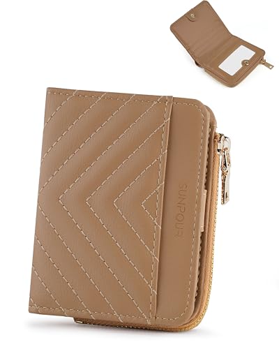Image of Small Bifold Wallet Women Slim Card Holder with Zipper Coin Pocket & 2 ID Windows,Compact Gift Wallet (Khaki)