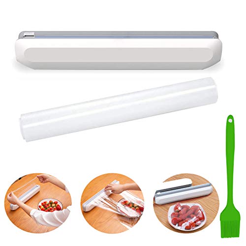 Plastic Wrap Dispenser with Slide Cutter, Reusable Cling Film Wrap Dispenser,Aluminum Foil Dispenser with Cutter for Food, 12" x100ft BPA Free Plastic Wrap,Smoothly Cutting,Holder Kitchen Tool