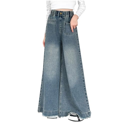 Girls Elastic Waist Wide Leg Jeans Vintage Washed Baggy Casual Floor Lenght Denim Pants with Pockets for 5-15Y
