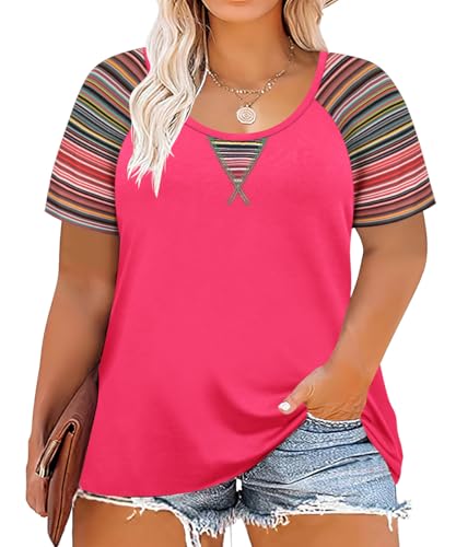 Image of CARCOS Plus Size Tops for Women Short Sleeve Shirt Summer Star /Leopard /Tie Dye /Flower Crewneck Pullover Tunic XL-5XL