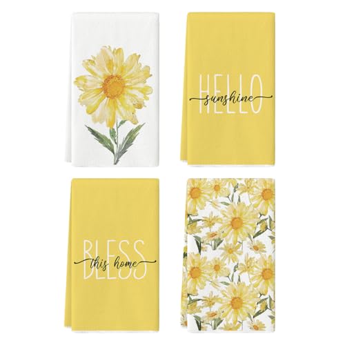Artoid Mode Yellow Hello Sunshine Daisy Bless This Home Spring Kitchen Towels Dish Towels, 18x26 Inch Seasonal Summer Decoration Hand Towels Set of 4 by Artoid Mode - Used condition - US$17.09
