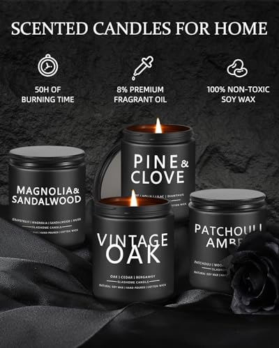 slashome Scented Candles for Men - 4 Pack Scented Candles Gifts for Men, Dad, Boyfriend - 50 Hours Long Burning Soy Candles for Home Scented (Pine/Sandalwood/Patchouli/Oak) - Image 3