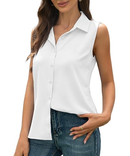JTD Women’s Sleeveless Button Down Shirts Casual Collared Tank Top V Neck Summer Blouses Work Office Chiffon Tops