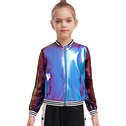 Runhomal Color metálico Abrigo con cremallera para niños y niñas Chaqueta de piloto Lentejuelas brillantes Impresión de letras en la espalda Manga larga a cuadros, azul, 7-8 Años