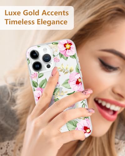 Coque iPhone 15 Pro antichoc à fleurs avec bordures dorées
