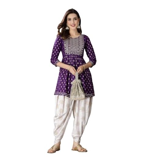 Stylum Women’s Printed & Embroidered Rayon A-Line Kurti with Dhoti Pant
