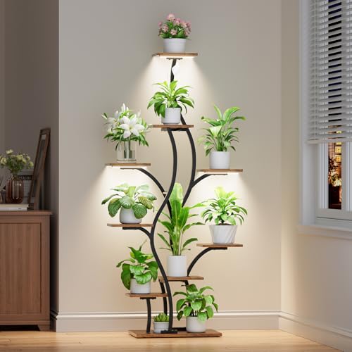 Image of Plant Stand Indoor with Grow Lights - Lighted Plant Shelf Indoor, 64.5 inch Tall Corner Plant Stands for Indoor Plants, 9 Tiered Tree-Shaped Flower Shelf Metal Holder for Living Room, Bedroom, Black
