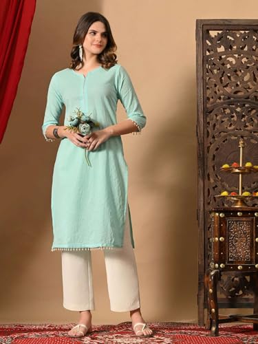 Image of Amazon Brand - Tavasya Women Cotton Katha Straight Regular Fit Kurta | Solid Ethnic Kurti | 3 /4 Sleeve Casual & Office Wear |Kurta for Women