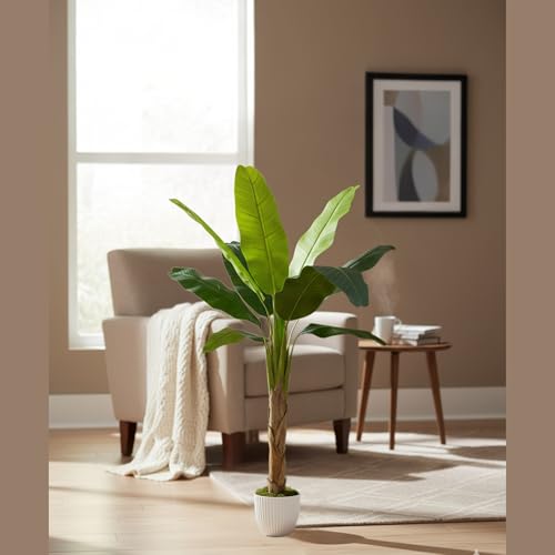 Image of Kayra Decor Artificial Banana Plant 4 Feet with Pot | Big Size Artificial Plants for Home Decor | Indoor Fake Tree for Living Room, Balcony, Office | Bird of Paradise Lifelike Plant with Pot