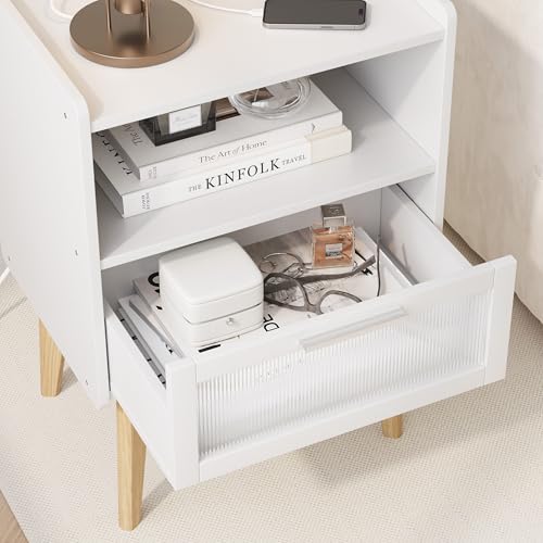 Nightstand with Charging Station, Bedside Tables with Glass Decorative Door, End Table Side Table with 2 Tiers Storage Space, for Bedroom, Living Room, White CAMLBZ07WE by MMEOLUOOK - Image 7