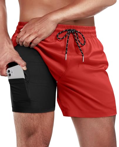 Image of Gleeease 5inch Mens Swim Trunks: 2 in 1 with Compression Liner Lined Soft Stretch Quick Dry Solid Pockets Drawstring Beach