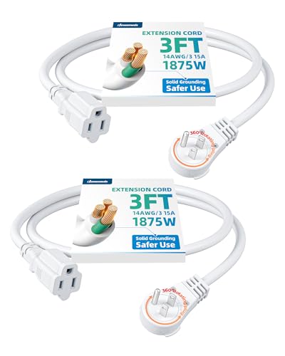 DEWENWILS 360° Rotating Flat Plug Extension Cord 3 Foot, 14/3 Gauge 3 Prong Grounded Wire, 15A/1875W Heavy Duty Power Cord, Space Saving for Indoor Narrow Space, ETL Certified, 2 Pack, White