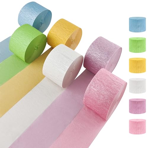 Image of Metallic Pastel Crepe Paper Streamers 6 Rolls, 2.2 inch x 123 Ft Birthday Streamers Party Decorations for Baby Shower Bachelorette Bridal Shower Graduation Wedding Engagement Anniversary