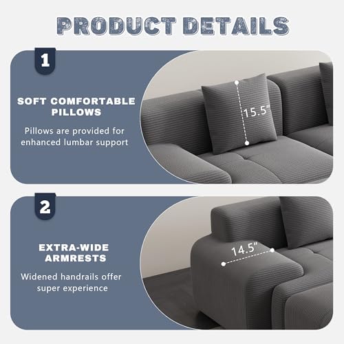 Image of 120 inch Cloud Modular Sectional Couch,Boneless Sofa,L-Shape Upholstered Sofas with Deep Seat,Modern Cozy Corduroy Couches with Memory Foam,No Assembly Required for Living Room(Dark Grey)