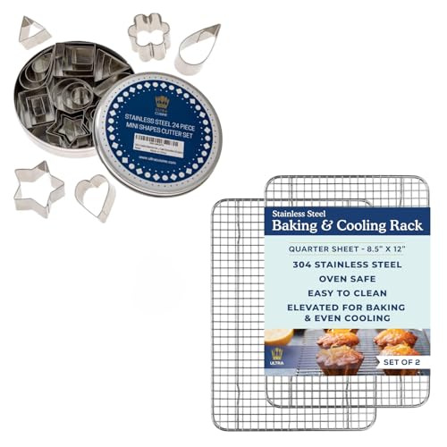 Ultra Cuisine Oven-Safe, Dishwasher-Safe 100% Stainless Steel Cooling and Baking Rack Set & Mini Cookie Cutter Shapes Set - 24 Small Molds To Cut Out Pastry Dough Pie Crust & Fruit