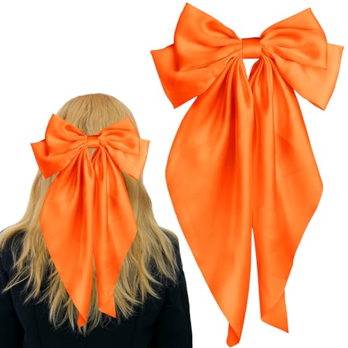 Pufandor Hair Bow Silky Satin Hair Ribbons for Women Orange Bows for Girls Hair Bowknot Barrettes Long Tails with Clips Big Hair Bows Hair Accessories (Orange 1pc)