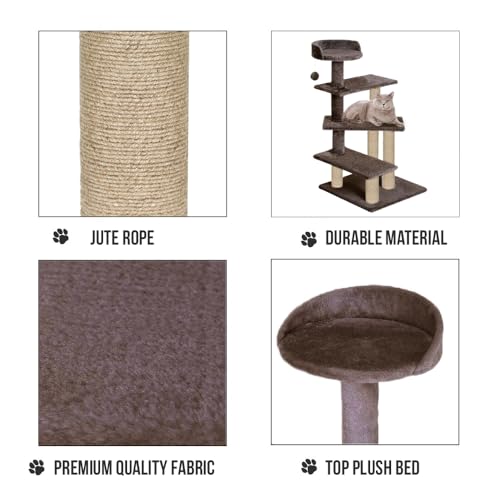 Image of Cat Tree Tower, Multi-Level, Grey, Sisal Scratching Posts, 36 Inch Height, with Perch and Hanging Toy (FURR-40) (Brown)