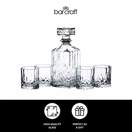 Image of BarCraft Premium Whisky Decanter & Glass Gift Set for thinKitchen - 5 Piece Cut-Glass Tumbler Set for Bourbon & Scotch, 900ml Decanter + 4 Glasses