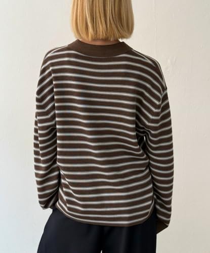 Women Y2K Striped Polo Sweater Long Sleeve Color Block Lapel V Neck Knit Jumper Tops Oversized Sweater4