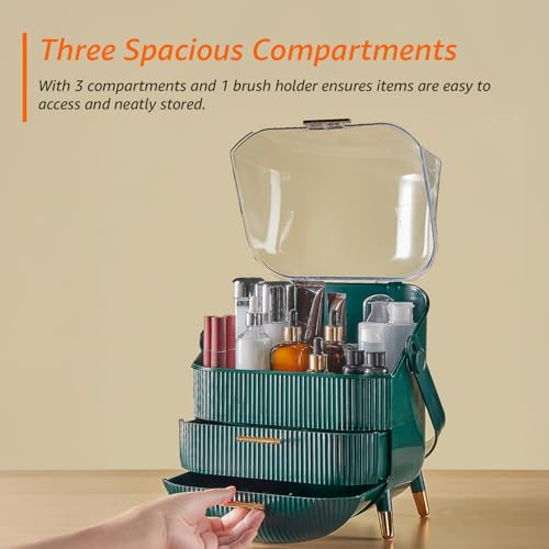 Image of Amazon Basics Glossy HIPS+PS Cosmetic Storage Organizer | 28.6 x 18.5 x 37 cm | 3 Compartments | Waterproof & Dustproof Lid | Green