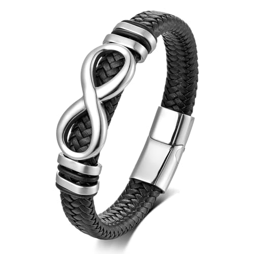 Men's Leather Infinity Bracelet Stainless Steel Number 8 Wristband Cuff Bangle Bracelets Gifts for Men, 8.3 & 9.1 inches