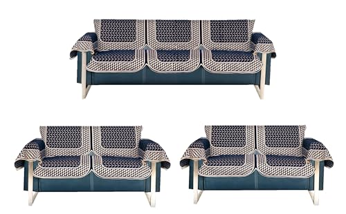 Image of Premium Chenille Woven Anti-Slip 7 Seater Sofa Cover with Arm Rest | L-Shape Sofa Seat Protector for Living Room | Durable & Stylish Slipcover - Navy Blue - 3D