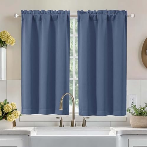 Image of Aiyufeng Denim Blue Short Blackout Curtains for Bedroom 45 Inches Long 2 Panels Set, Solid Thermal Insulated, Energy Saving Window Treatment Curtains Blackout Drapes, W40 x L45 Inch, Denim Blue