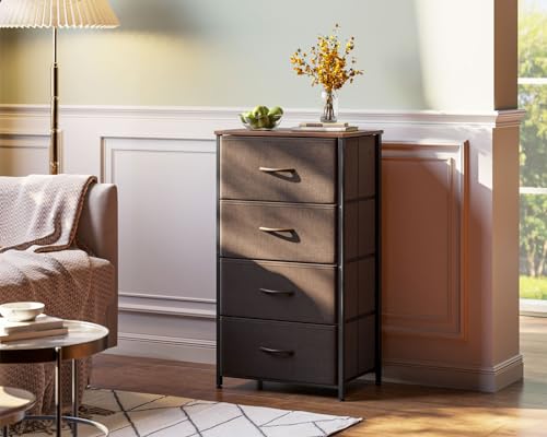 Image of AODK Dresser for Bedroom with 4 Storage Drawers, Small Dressers Chest of Drawers Fabric Dressers with Sturdy Steel Frame, Dresser for Closet with Wood Top, Brown
