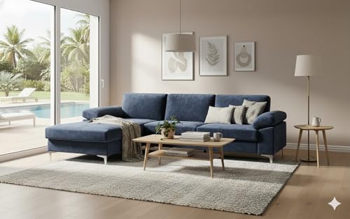 CONCEPT USINE | Canapé d'angle en Velours 4-5 Places | Design Galway Bleu | Largeur 262 cm | Angle Gauche | Confort Ultra Luxueux | Structure Bois Robuste |...