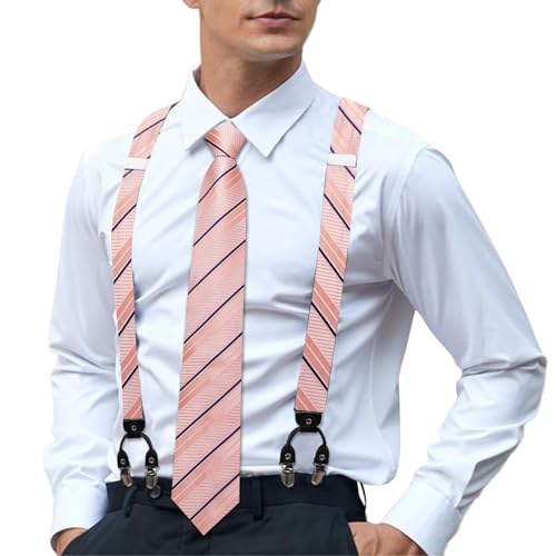 Image of Hi-Tie Men's Suspenders and Tie Set Silk Adjustable Elastic Y Braces with Strong 6 Clips Pocket Square Set
