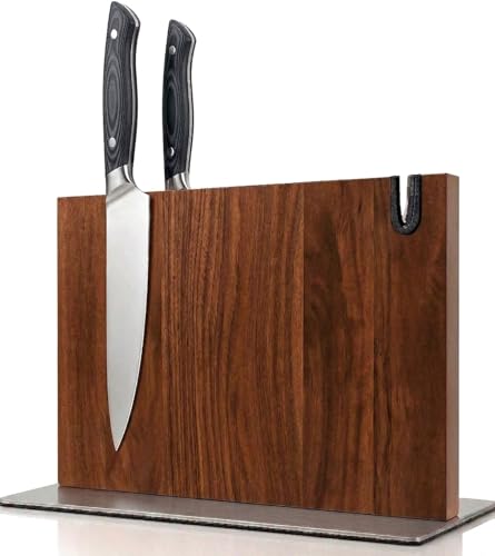Porte Couteaux Magnétique Cuisine XL avec Aiguiseur Support Magnétique Couteaux Cuisine fabriqué en Bois Massif Bloc Couteaux Magnétique Rangement Couteaux...
