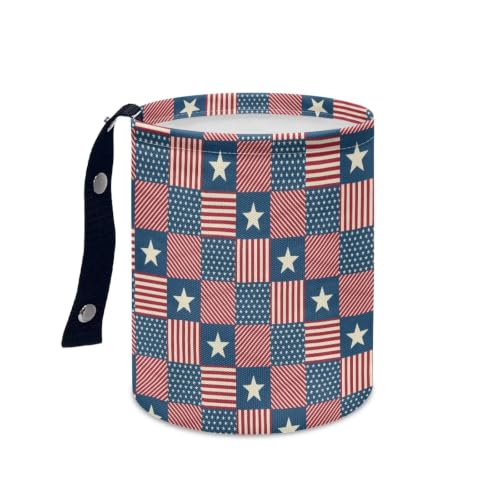 Image of American Flag Star Print Hanging Portable Car Trash Can Waste Basket Car Accessories Interior Collapsible for Men and Women Easy to Install