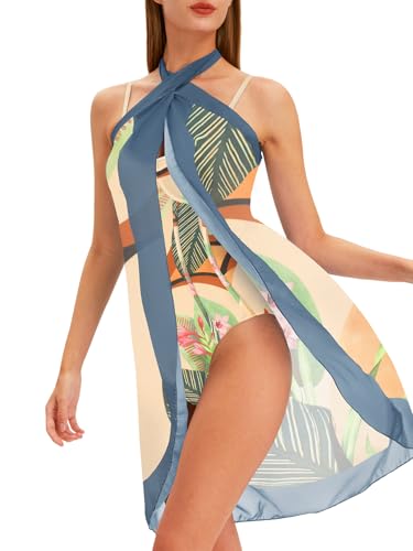 Women's One Piece Swimsuit with Beach Cover Up Retro Floral Print Bathing Suits with Coverup Set Sarong Wrap Swim Suit 1 Piece Swimwear Set with Matching Skirt Beige Floral Large4