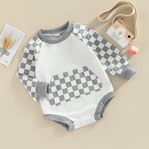 Newborn Boy Girl Checkerboard Plaid Bodysuit One Piece Romper Outfit Long Sleeve Jumpsuit Fall Winter Clothes 0-18M (A-Grey, 3-6 Months) #TOP6