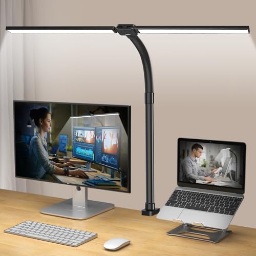 CandLuc Lampara Escritorio LED 24W, 80CM Flexo Led Escritorio de Doble Cabeza Regulable con Abrazadera, 5 Colores, 11 Niveles Brillos Protección Ocular Luz para Estudio, Monitor, Oficina, Estudiar